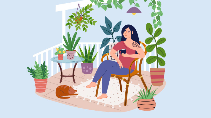 Illustration of young woman resting in comfortable chair on the terrace