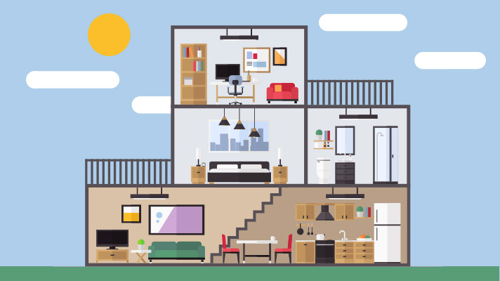 Illustration of the interior view of a three-story house