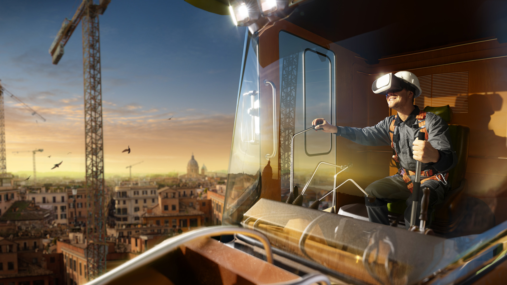VR 기기를 쓰고 업무중인 크레인 엔지니어