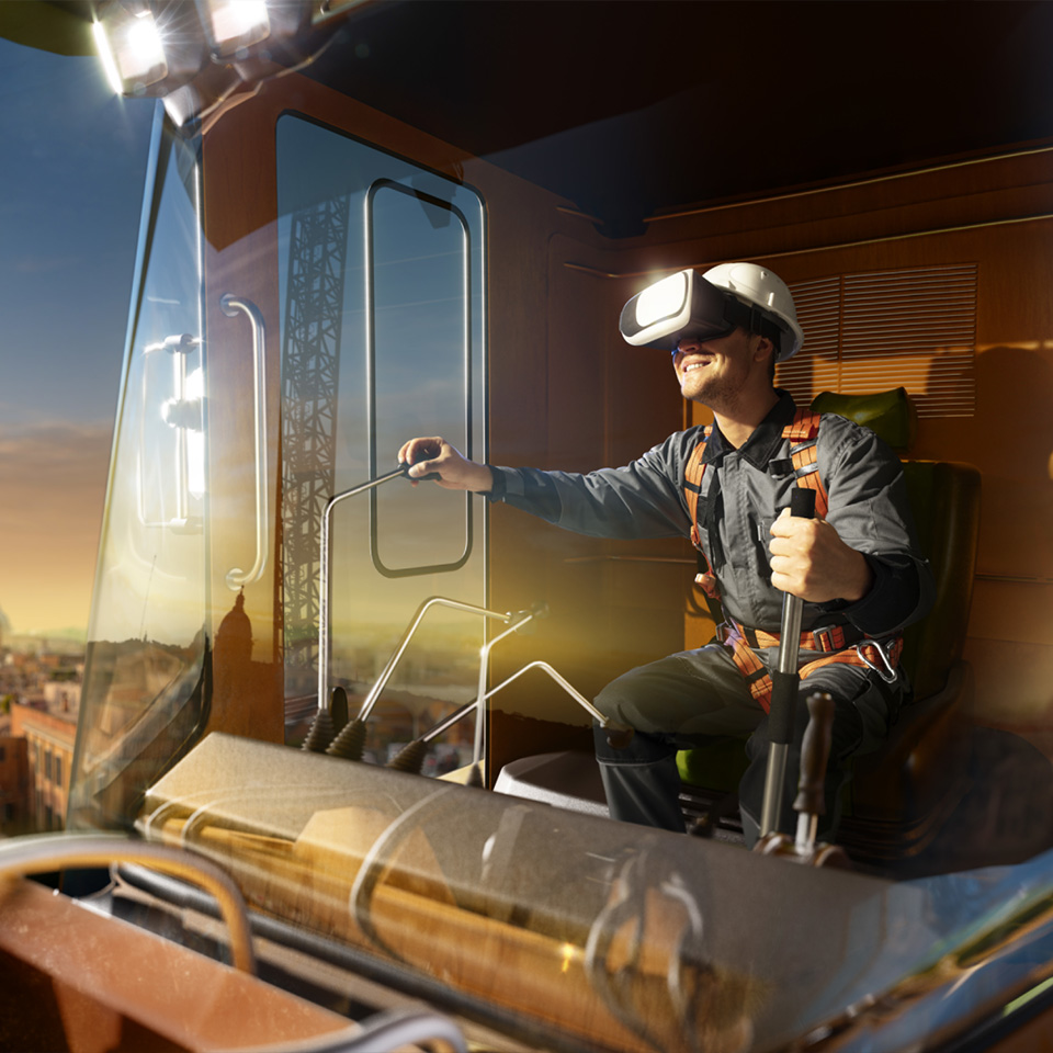 VR 기기를 쓰고 업무중인 크레인 엔지니어