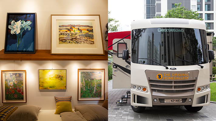 Multiple paintings in the bedroom and Front view of a converted campervan like a gallery