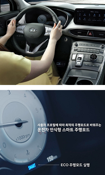 사용자 프로필에 따라 최적의 주행모드로 바꿔주는 운전자 인식형 스마트 주행모드가 적용된 모습으로, Eco 주행모드 환경을 조성하고 있다
