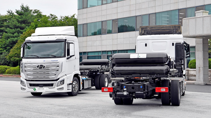 Xcient Fuel Cell Trucks parked