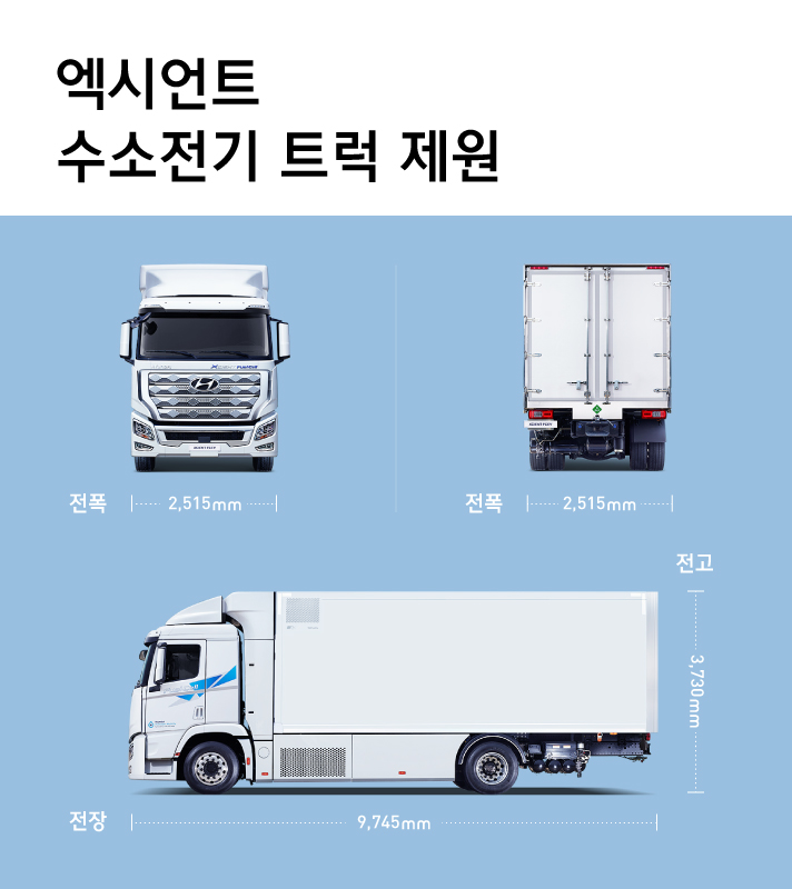 엑시언트 수소전기 트럭 제원에 대한 설명으로 전폭 2515mm 전고 3730mm 전장 9745mm이다