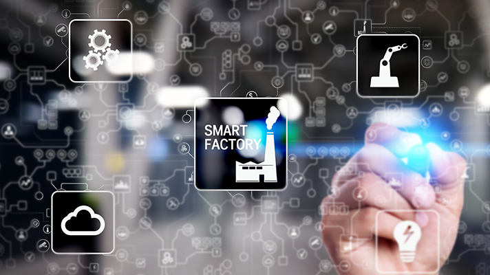 스마트 팩토리의 4가지 조건 가상화, 유연화, 간소화, 동기화를 표현한 그래픽