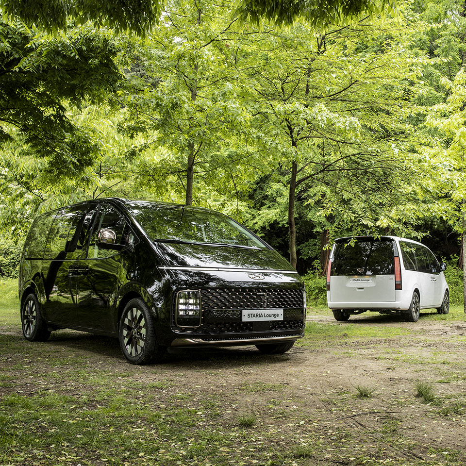 Three Hyundai STARIA parked in the forest