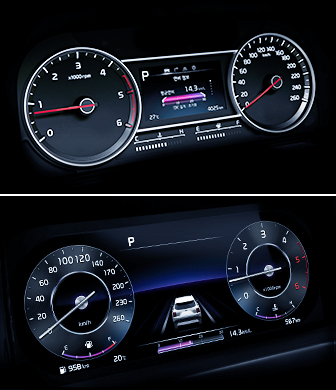 Kia Sorento's 4.2-inch color TFT LCD cluster (top) and 12.3-inch color TFT LCD cluster (bottom)