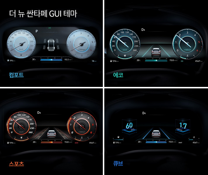 더 뉴 싼타페의 다양한 GUI 테마 컴포트, 에코, 스포츠, 큐브