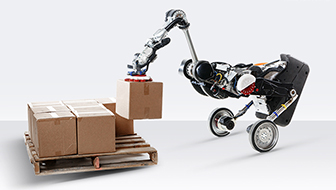 Boston Dynamics Handle robot delivering brown boxes
