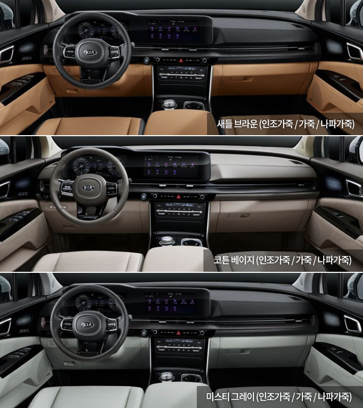 4세대 카니발 인조가죽, 가죽, 나파가죽에 적용된 3가지 인테리어 컬러 새들브라운과 코튼베이지 그리고 미스티그레이