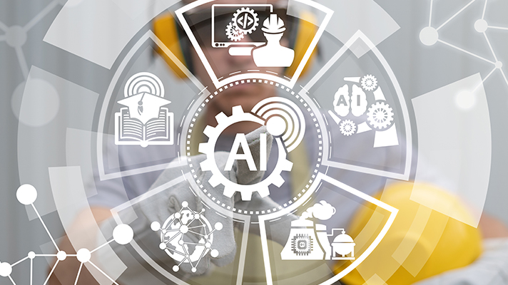 톱니 심볼과 AI텍스트 그리고 건설 아이콘