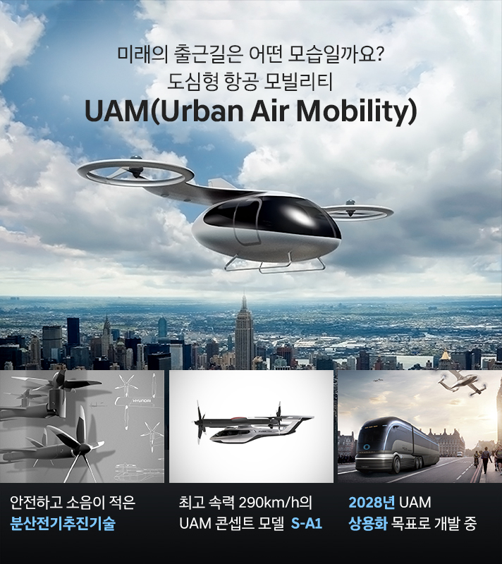 미래의 출근길은 어떤 모습일까요? 도심형 항공 모빌리티 UAM(Urban Air Mobility) 안전하고 소음이 적은 분산전기추진기술, 최고 속력 290km/h의 UAM 콘셉트 모델 S-A1, 2028년 UAM 상용화 목표로 개발 중