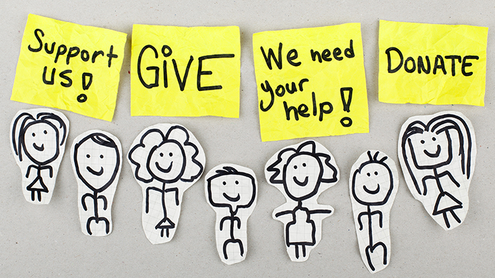 여러 개의 종이인형 상단에 Support us, Give, We need your help, Donate 문구가 적힌 포스트잇들이 배치되어 있는 일러스트