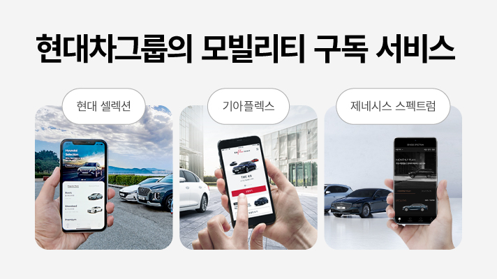 현대차그룹의 모빌리티 구독 서비스로는 현대 셀렉션, 기아플렉스, 제네시스 스펙트럼이 있습니다.