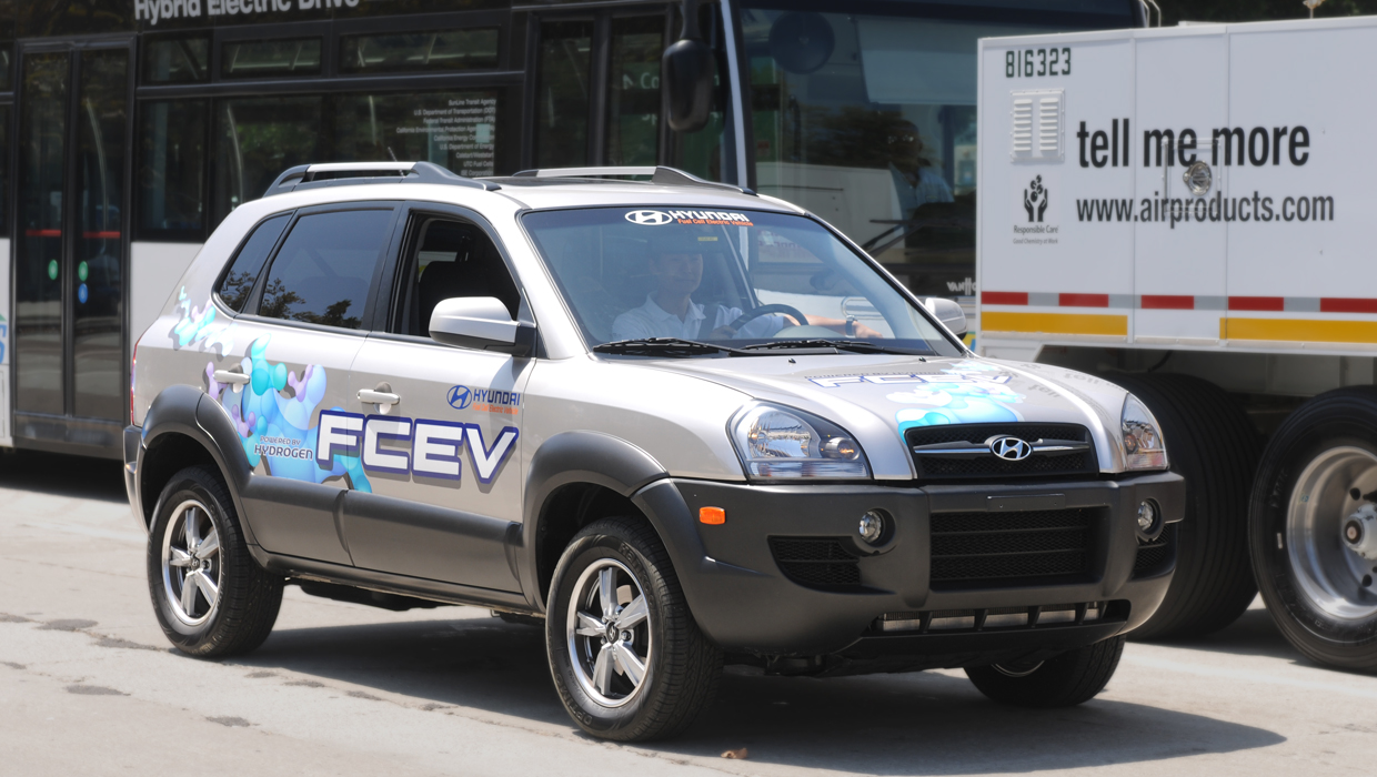 Front side of the Tucson hydrogen electric vehicle on a road tour in the US