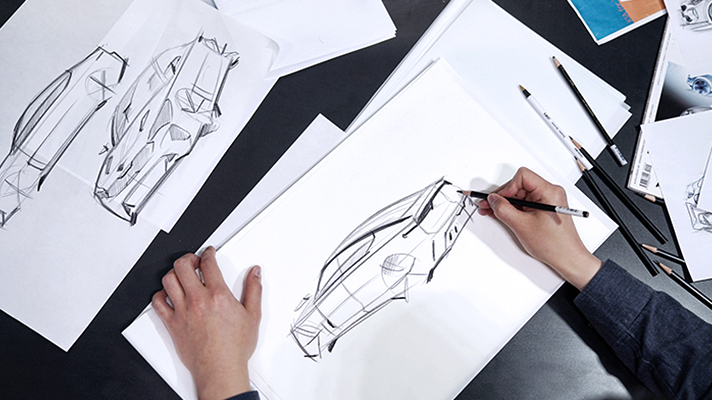 A scene where a Hyundai Motor Company design sketch is being made