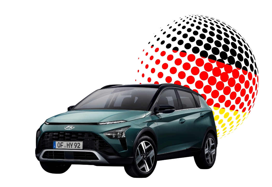 독일 국기를 도트 무늬 그래픽으로 표현한 배경과 베이온의 정측면 모습