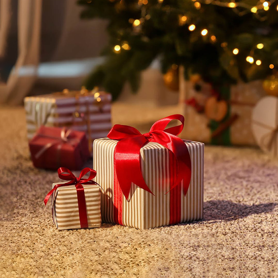 Close-up of the gift in front of the Christmas tree.