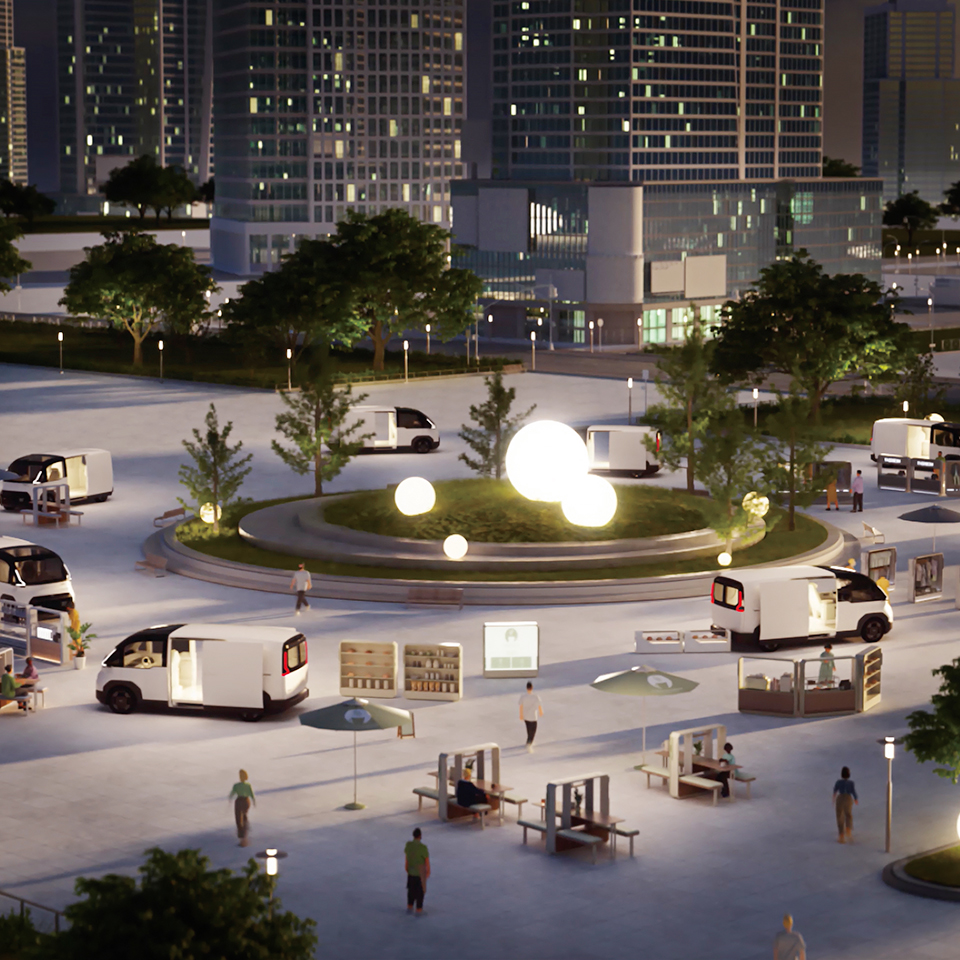 As a future city drawn by Hyundai Auto, people are moving freely through autonomous driving shuttle UAM, flying PBV, and transfer hub Hub.
