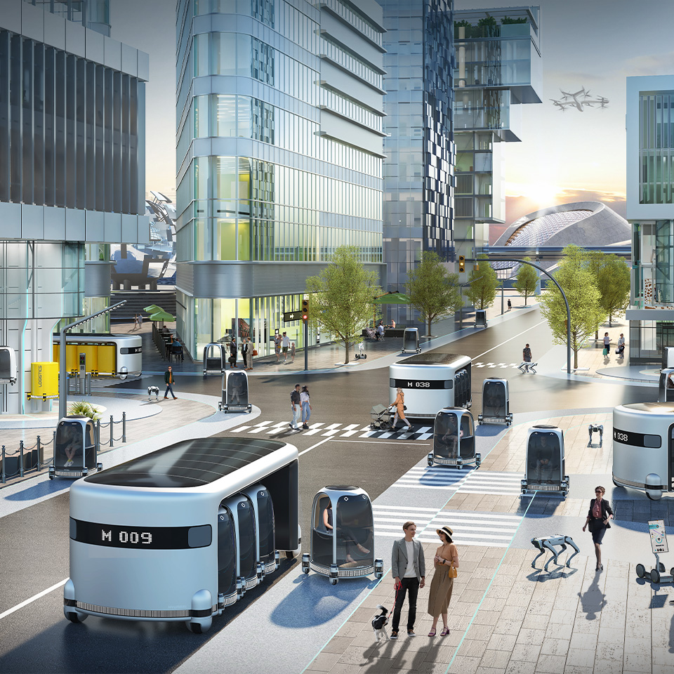 As a future city drawn by Hyundai Auto, people are moving freely through autonomous driving shuttle UAM, flying PBV, and transfer hub Hub.