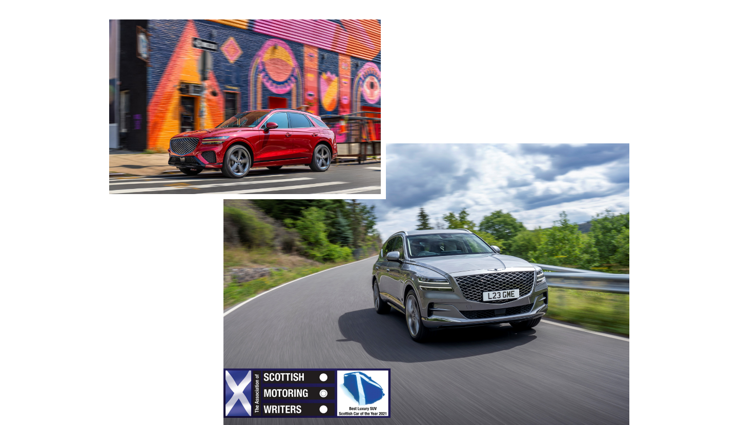 제네시스 GV70와 GV80의 주행 장면 및 스코틀랜드 올해의 럭셔리 SUV 제네시스 GV80