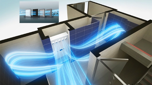 공동주택 주 출입구에 설치된 공기청정 시스템 작동 모습