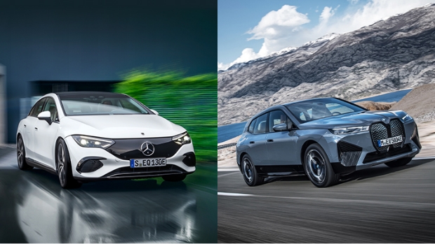 The left is a photo of Mercedes-Benz's electric sedan, EQE, and the right is a photo of BMW's electric SUV iX