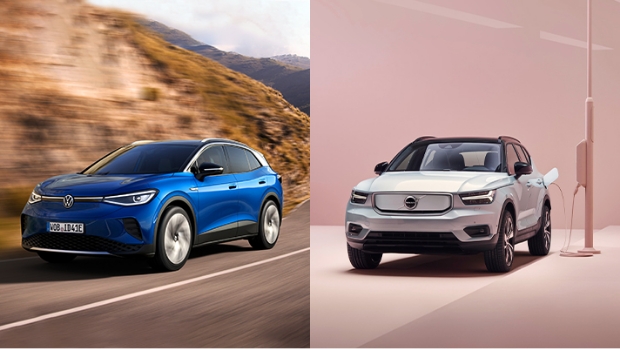 On the left is a picture of Volkswagen's first electric SUV ID.4, and on the right is a picture of Volvo's first electric vehicle XC40 Richard