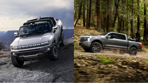 On the left is a picture of GMC's electric pick-up truck Hummer EV, and on the right is Ford's F-150 Lightning