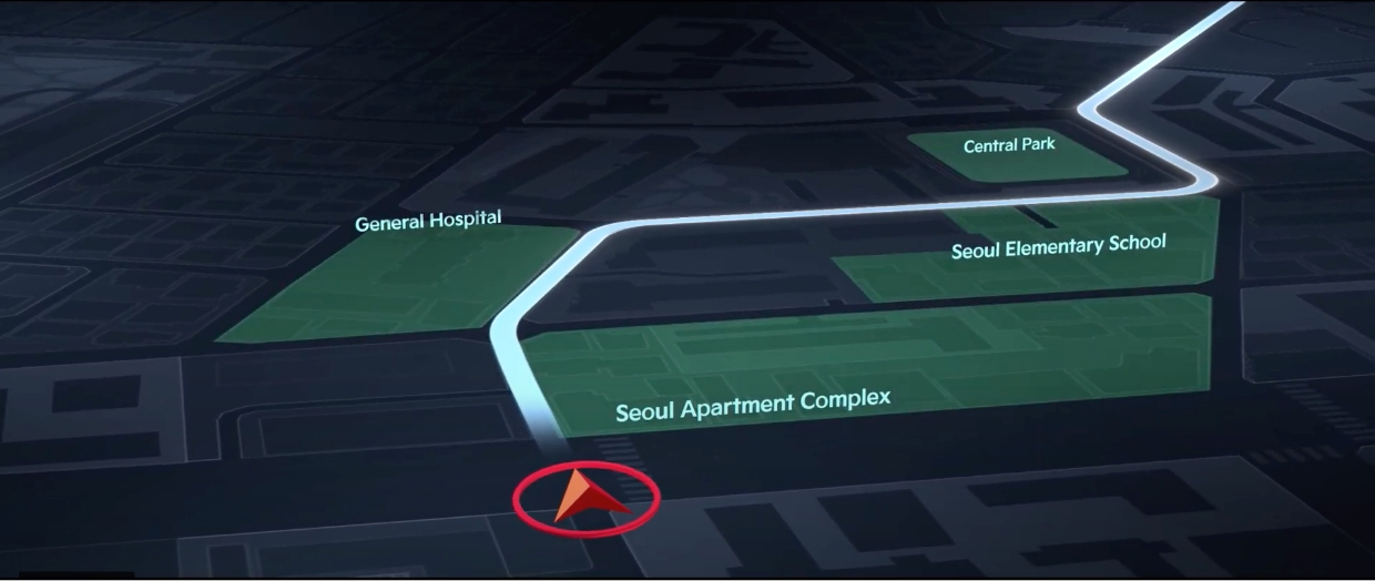 내비게이션 화면에 학교, 주거지, 대형병원등이 강조된 그림