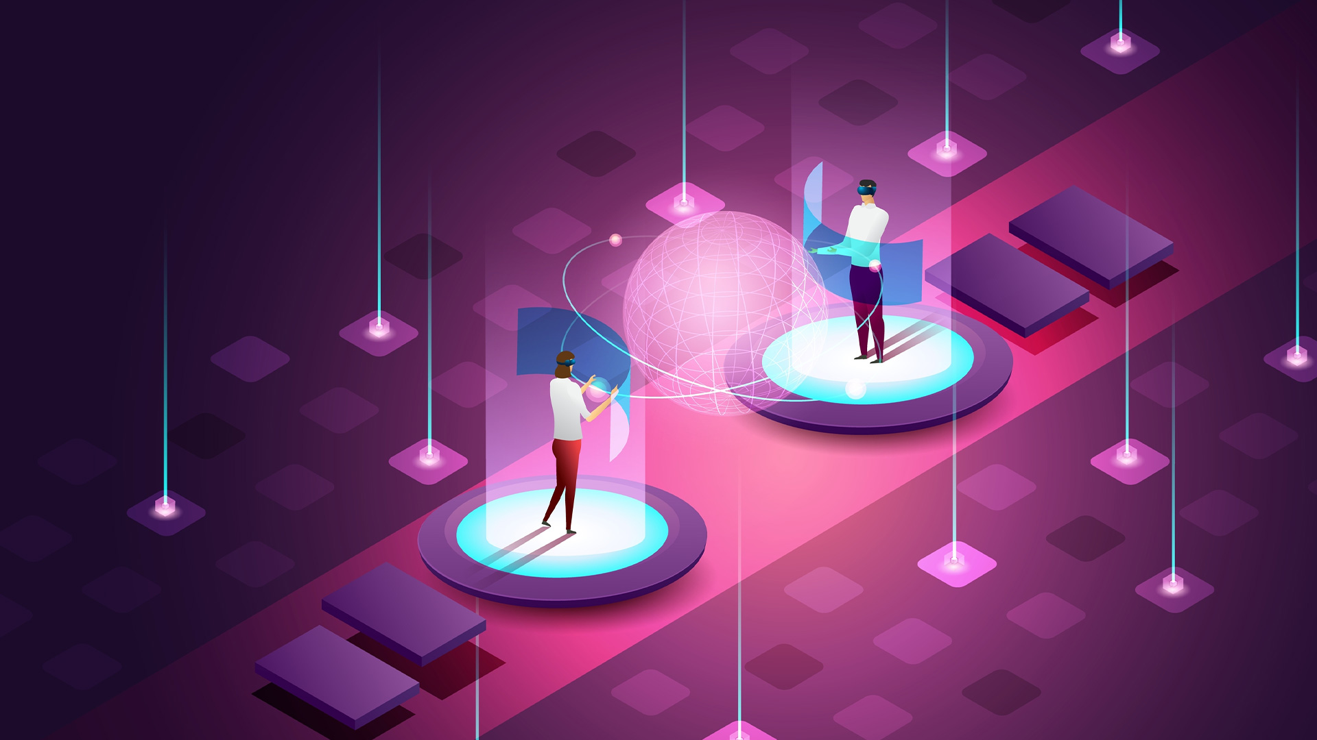 한 여성과 남성이 각각 가상 현실(VR) 헤드셋을 착용한 채 메타버스를 경험하는 듯한 모습을 표현한 일러스트