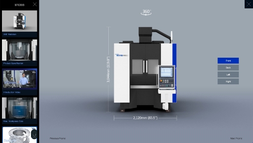 가상 부스의 공작기계 중 한 제품 선택 시 보여지는 제품 정보 화면의 모습