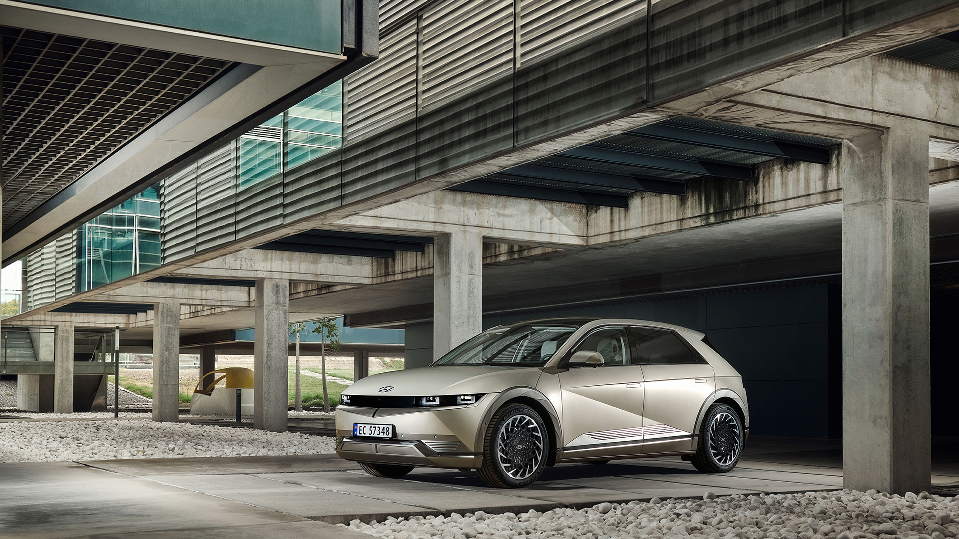 Ioniq 5 parked under a building