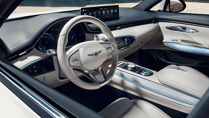 The driver's seat of the Electrified GV70 seen from the window on the driver’s side