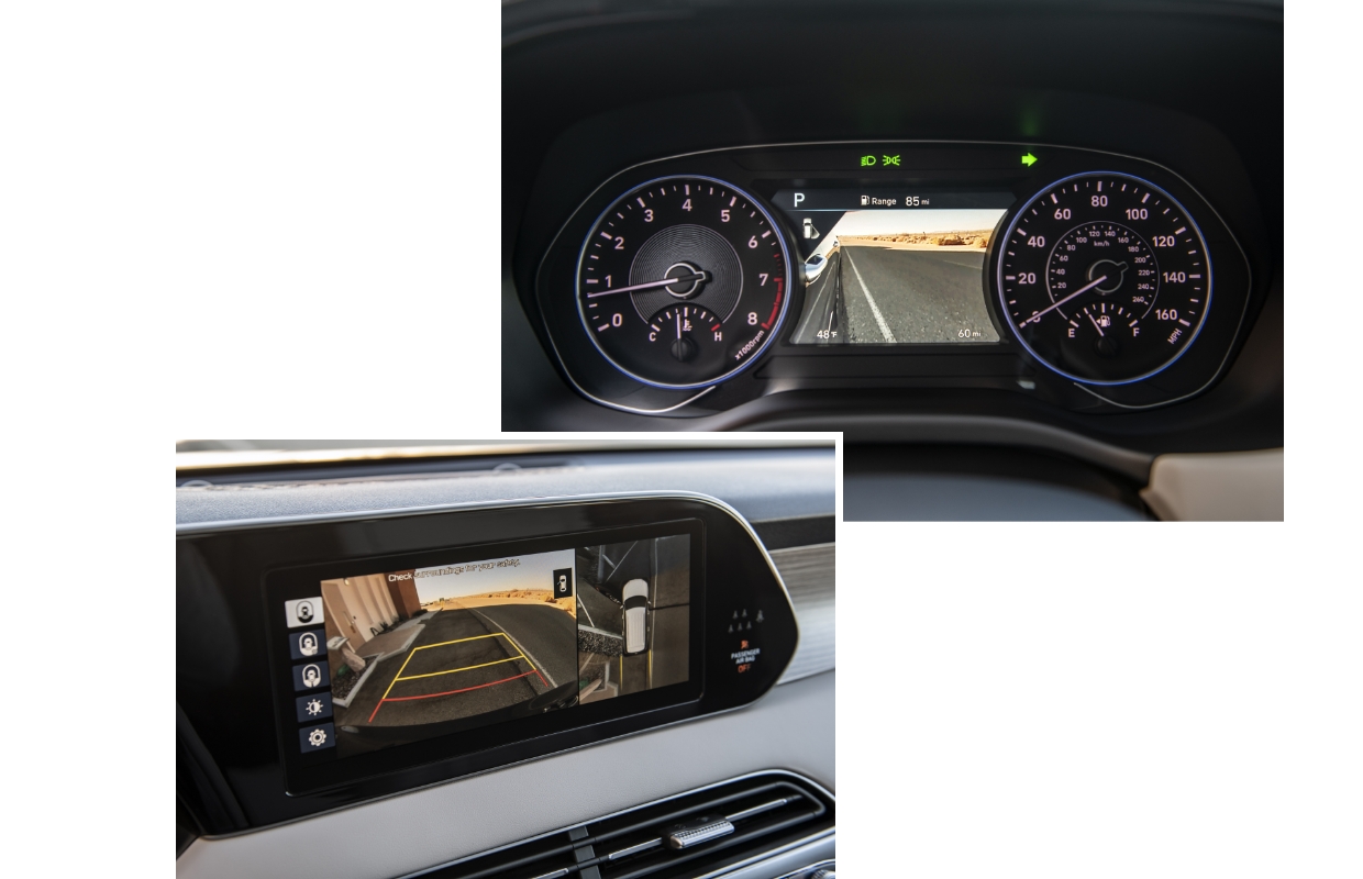 팰리세이드에 탑재된 사각지대 경고와 서라운드뷰 주차 카메라 시스템의 모습