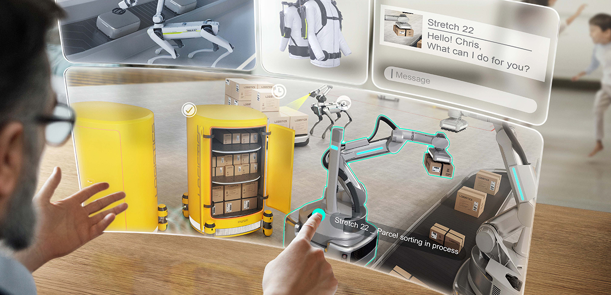 디지털 트윈 기술로 작업자가 가상 화면을 통해 공장 기계를 원격으로 조작하고 있다