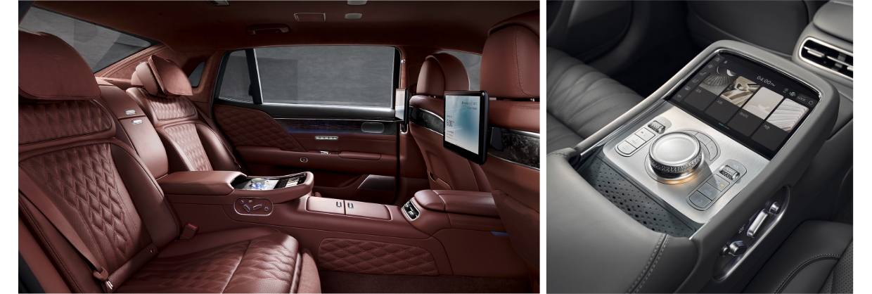 제네시스 G90의 고급스러운 뒷좌석 공간과 8인치 뒷좌석 암레스트 터치 디스플레이의 모습