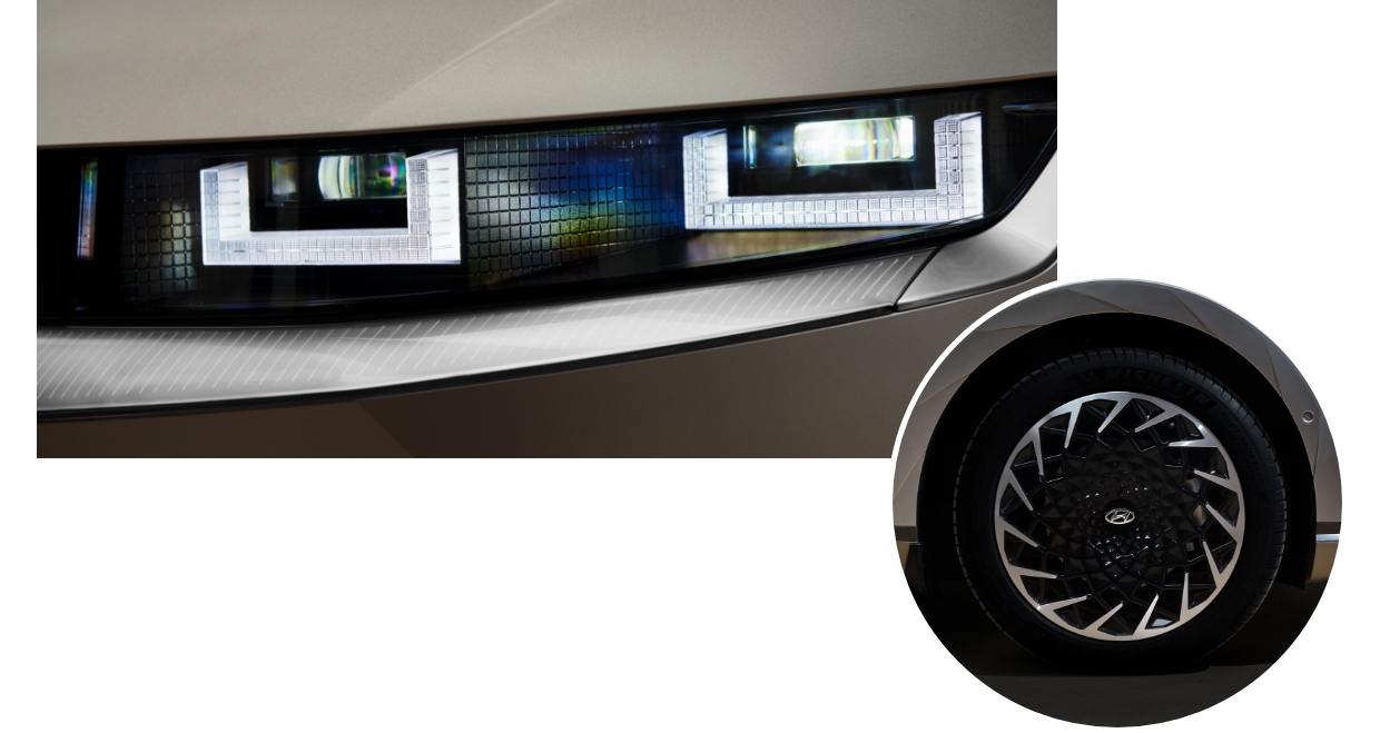 현대차 아이오닉 5의 헤드램프와 휠 디자인