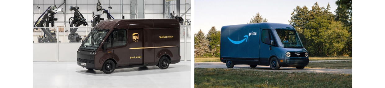 Electric PBV vans made by Arrival and electric PBV Prime vans sold to Amazon by Rivian