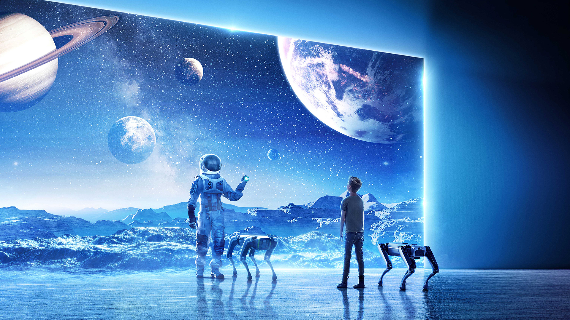 한 소년과 로봇 개가 우주가 펼쳐져 있는 가상 공간을 바라보는 모습