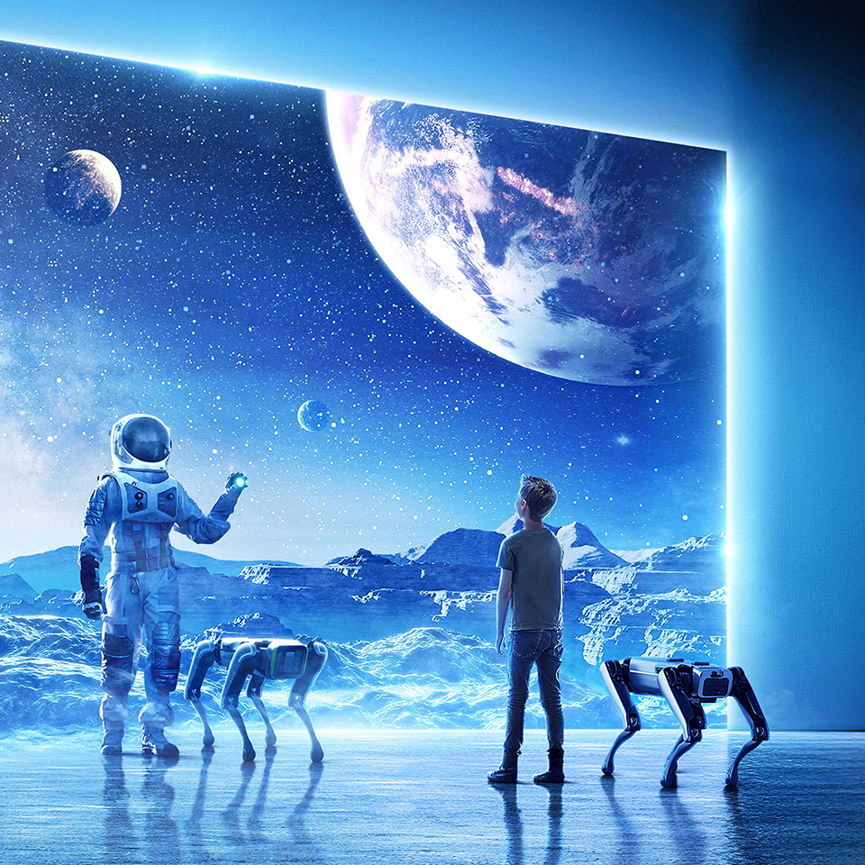한 소년과 로봇 개가 우주가 펼쳐져 있는 가상 공간을 바라보는 모습