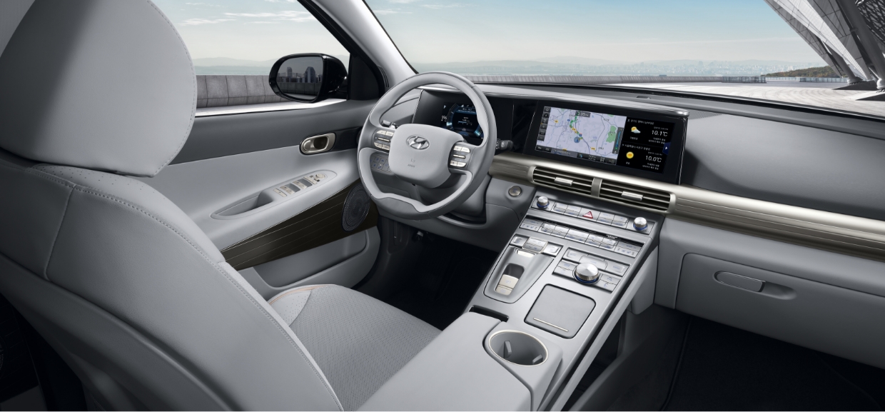 The interior of Hyundai’s hydrogen-powered vehicle, the Nexo