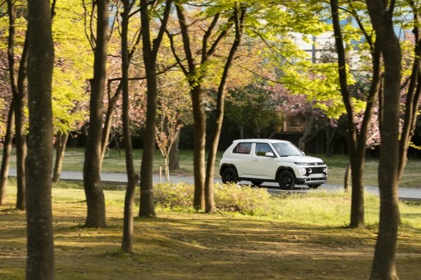 캐스퍼 밴이 나무가 우거진 길을 달리고 있다