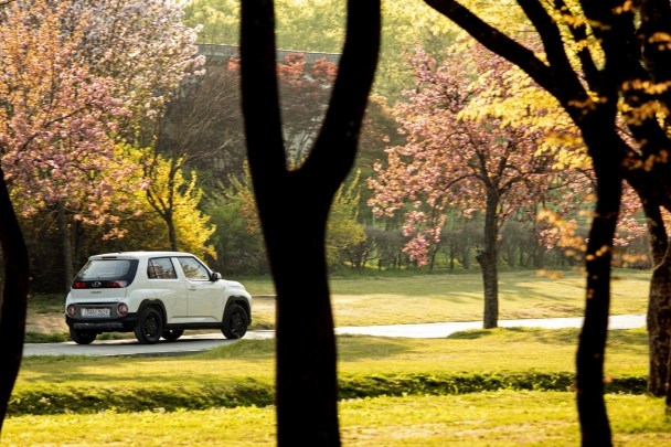 캐스퍼 밴이 꽃과 나무가 풍성한 도로에 서 있다