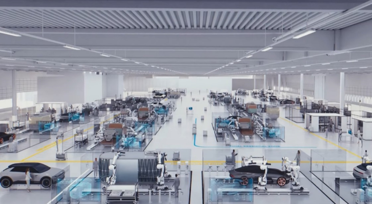 차량을 제조하고 있는 스마트 팩토리 가상의 모습