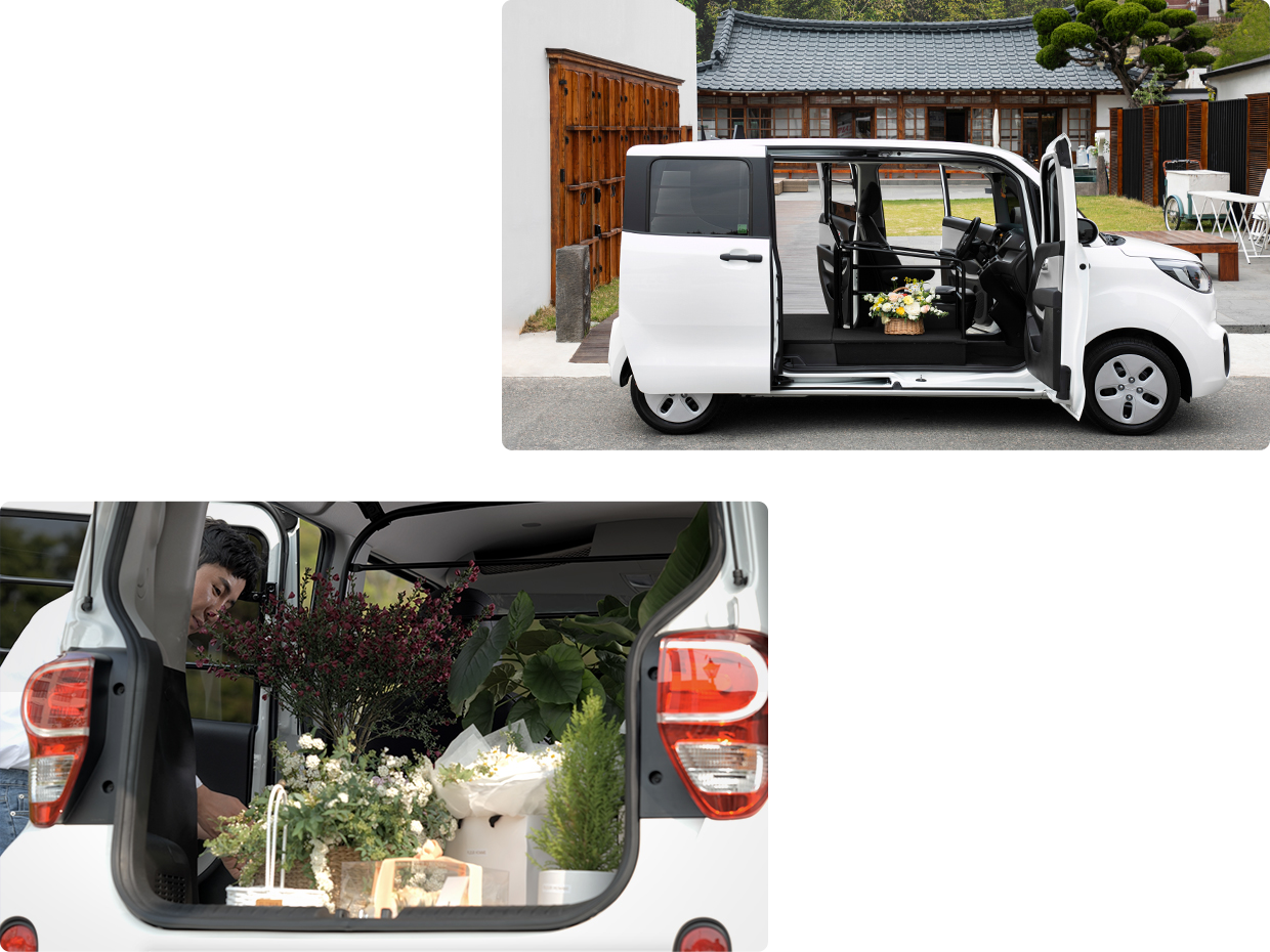레이가 측면 도어를 전부 개방한 모습/레이 내부에 화분이 가득 실려있는 모습