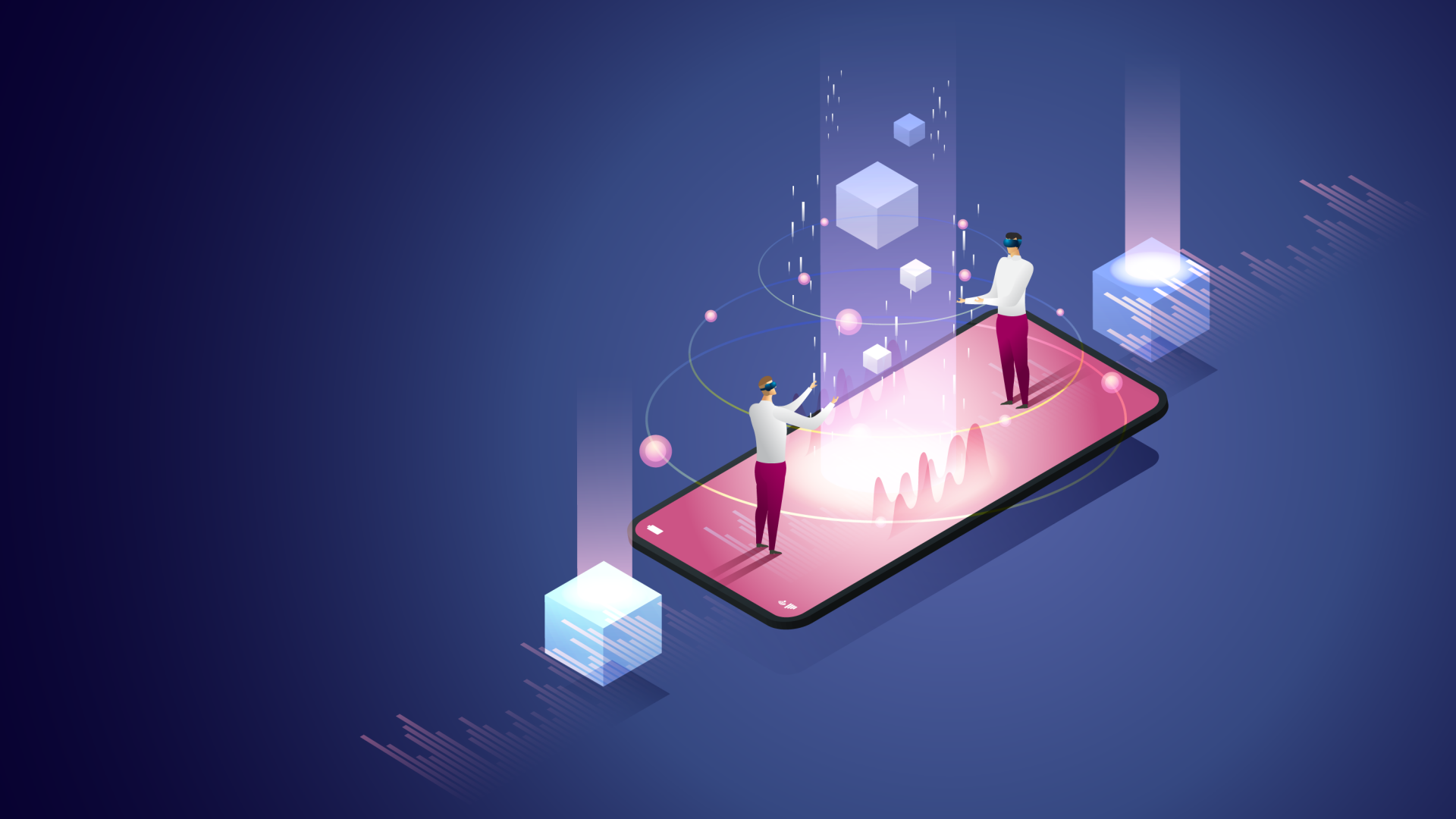 스마트폰 위에서 VR을 끼고 서로 마주 보고 있는 캐릭터의 모습