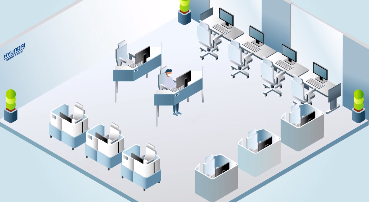 사무실 중앙에 사람 한 명이 앉아서 일하는 스마트워크플레이스 플랫폼 일러스트