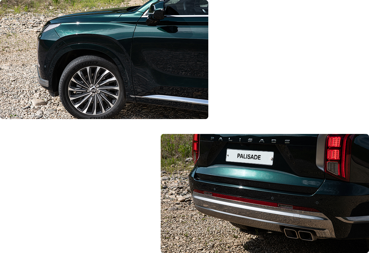 더 뉴 팰리세이드 캘리그래피 트림 전용 20인치 휠과 리어 스키드 플레이트의 세부적인 모습