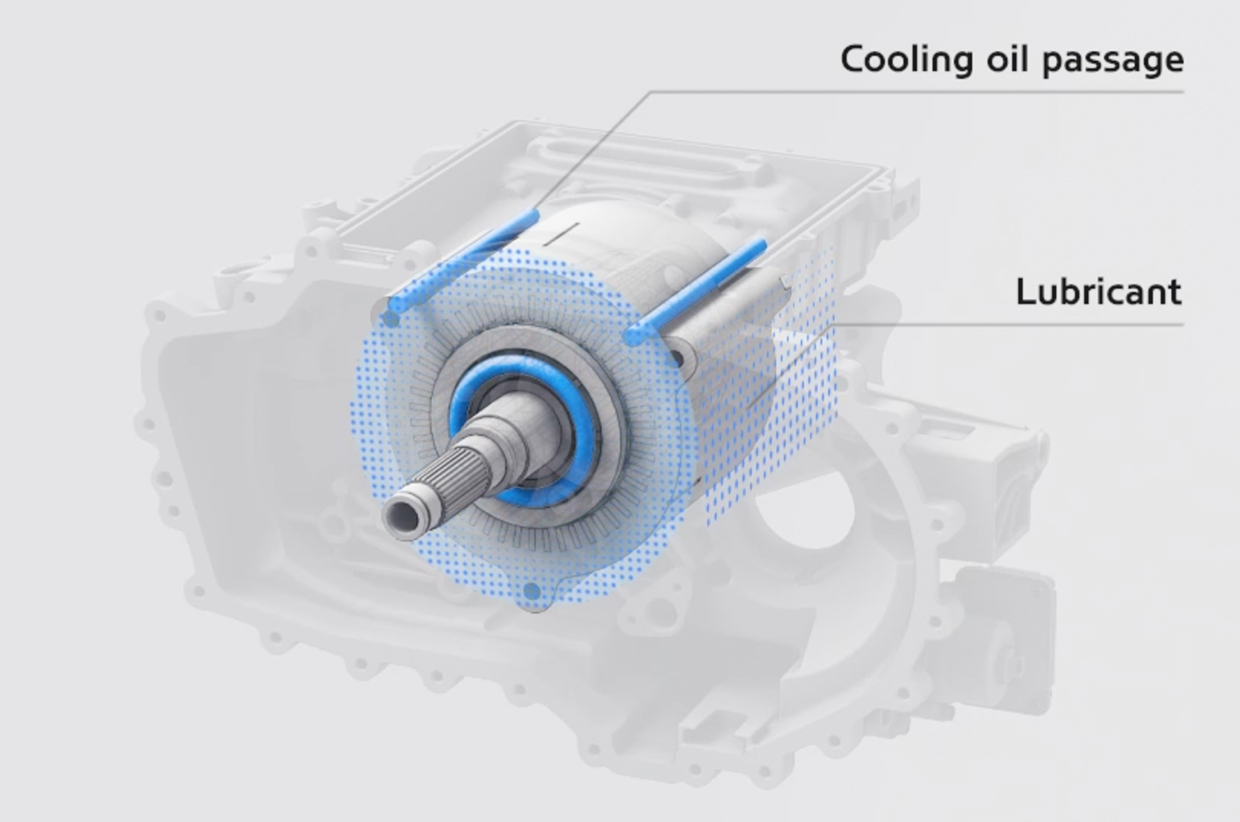 A view of the image showing the coolant and coolant passages in the E-GMP motor